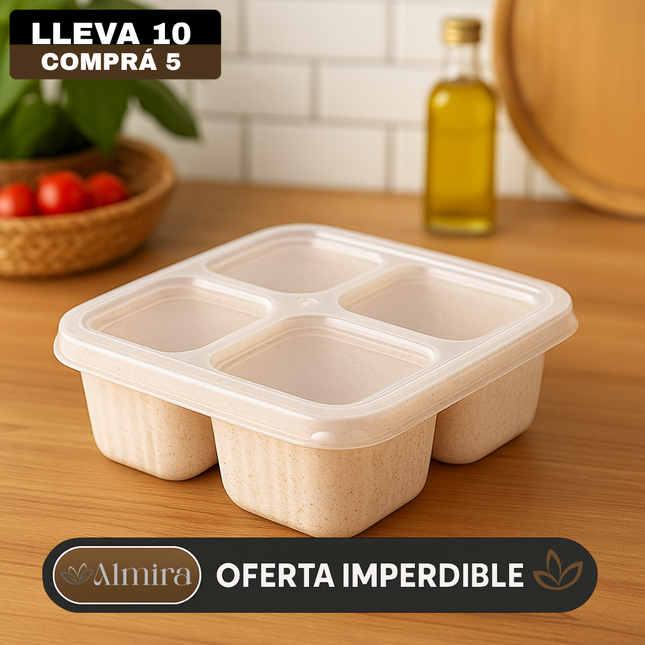 [Llevá 10 Pagá 5] Recipientes Resistentes para Snack de 4 Compartimentos con Tapa Antifugas