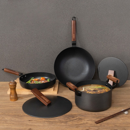 Conjunto de 2 Ollas y 1 Sartén Antiadherente en Acero Inoxidable con Mangos de Madera + REGALO: Porta Condimentos