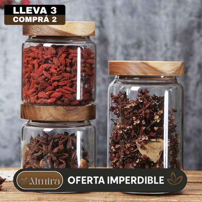 Conjunto de Potes Herméticos Organizadores en Vidrio con Tapa de Roble de Alta Hermeticidad