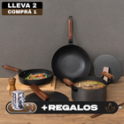 Conjunto de 2 Ollas y 1 Sartén Antiadherente en Acero Inoxidable con Mangos de Madera + REGALO: Porta Condimentos