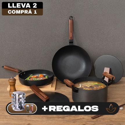 Conjunto de 2 Ollas y 1 Sartén Antiadherente en Acero Inoxidable con Mangos de Madera + REGALO: Porta Condimentos