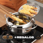 Fritadeira de Acero Inoxidable con Medidor de Temperatura y Escurridor Incorporado + Kit de Utensilios de Cocina