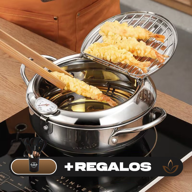 Fritadeira de Acero Inoxidable con Medidor de Temperatura y Escurridor Incorporado + Kit de Utensilios de Cocina