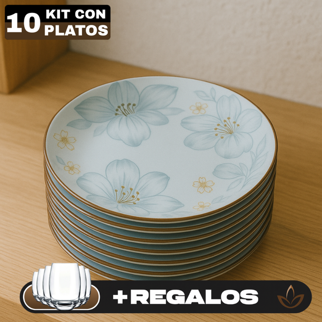 Kit 10 Platos de Cerámica Sakura con Pintura Artesanal (Belleza y Sofisticación en Tu Mesa!) + 10 Vasos Aruba